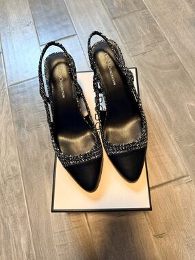 BCBGeneration Black Pointed Slingback Heels with Woven Trim